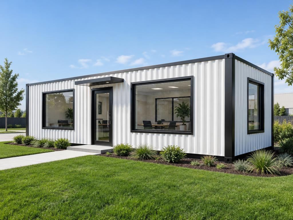 White portable container office with large windows