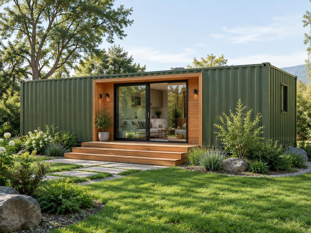 Olive-green tiny container home with a cedar-framed glass entrance